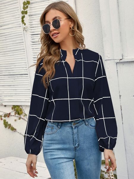 

windowpane plaid notched neck blouse g1vv#, White