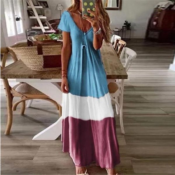 

casual dresses women vintage long dress v neck short sleeve gradient color block bohemian maxi robe longue femme #py, Black;gray