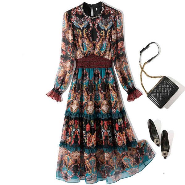 

casual dresses spring long sleeve round neck black / blue paisley print lace panelled beaded mid-calf dress elegant yj185923 xuzb, Black;gray