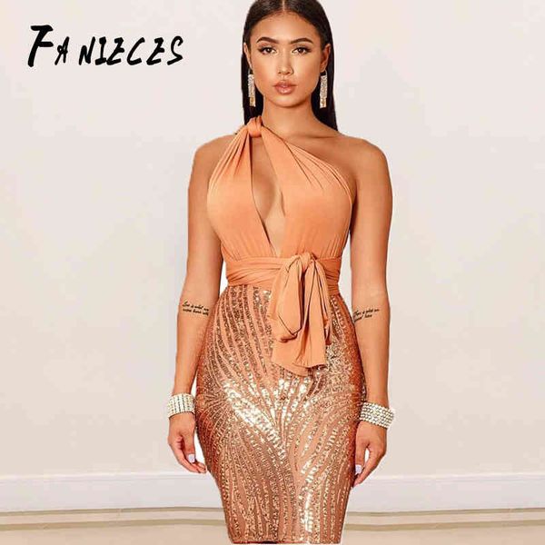 Sexy profundo pescoço v-backless lantejoulas de ouro vestido de verão mulheres mini bodycon partido elegante noite clube es vestidos 210520