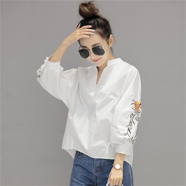 

women's blouses & shirts v neck flower embroidery shirt casual cotton blouse 2021 fashion long sleeve women and, White