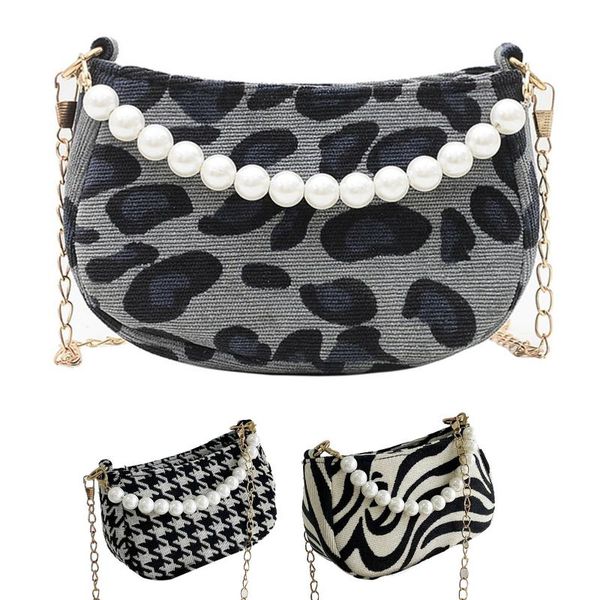 

waist bags pearl chain shoulder crossbody bag for women houndstooth leopard pattern printing cosmetic tote handbag