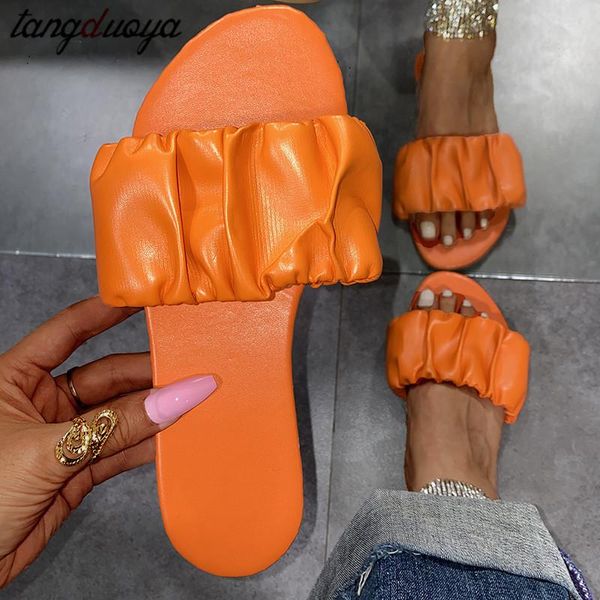 

summer women slippers sandals pleated two strap slides for solid color outdoor beach, Black