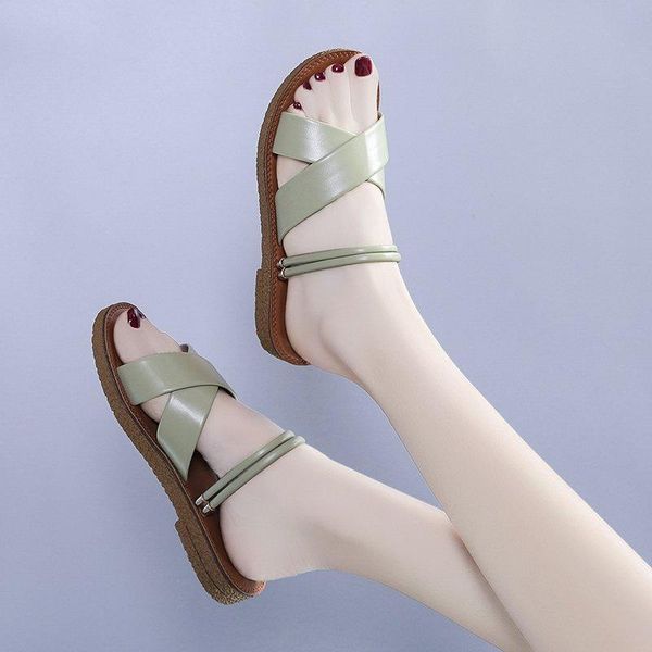 

sandals low woman leather 2021 summer suit female beige beach shoes clear heels soft low-heeled elastic band flat comfort black
