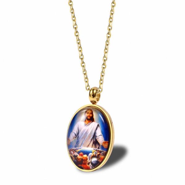 

chains stainless steel delicate gold oval christ jesus pendant necklace god jewelry gift for him with chain, Silver