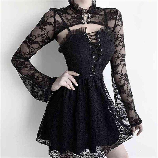 

women gothic spaghetti strap black ruffles floral lace swing mini dress crisscross bandage high waist streetwear, Black;gray
