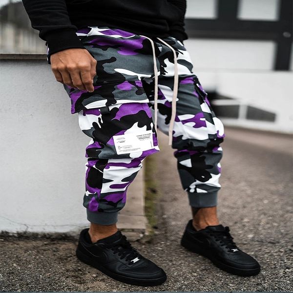 

autumn men's sports trousers camouflage fitness pants casual overalls multi-pocket leggings running training, Black