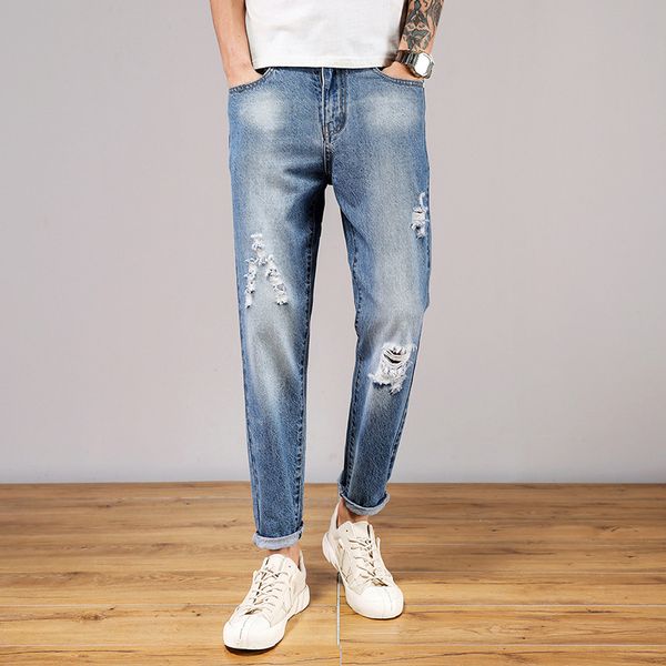 

men's leggings with holes and slim fit capris korean jeans 2021 summer thin casual pants trend, Blue