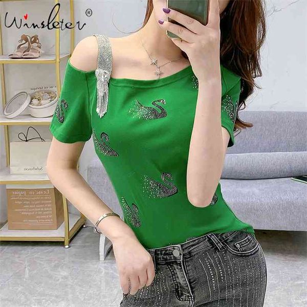 

summer korean clothes t-shirt fashion off shoulder diamonds swan color cotton women ropa mujer tees new t06828 210406, White