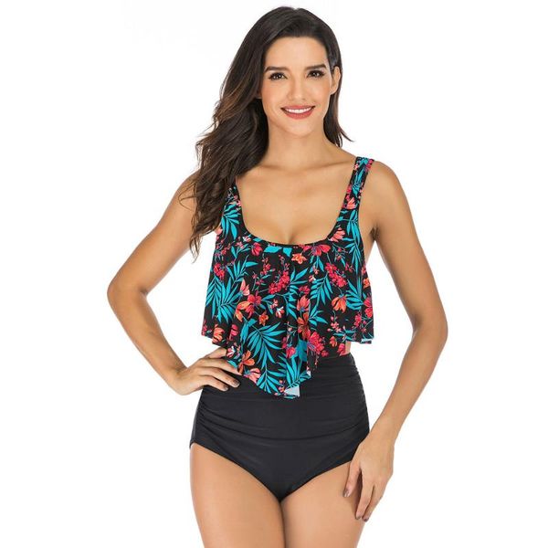 

one-piece suits women classical style vibrant color high waist modest coverage swimsuit bathing beachwear two pieces set