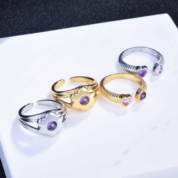 

wedding rings trendy love heart flower opening for women elegant inlaid purple stone women's party jewelry bagues anillo, Slivery;golden