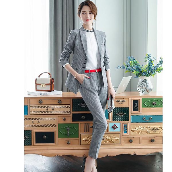 

women's suits & blazers women female stripe dress lapel business office tuxedos jacket+pants 2 pieces suit wear grey checked 3 buttons, White;black