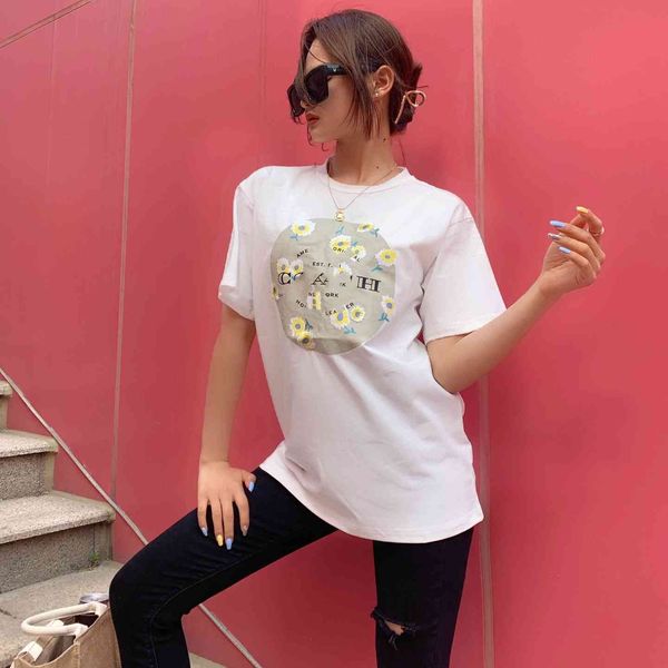 

luxury design koujia summer women's round neck loose daisy print embroidery t-shirt cotton short sleeve, White