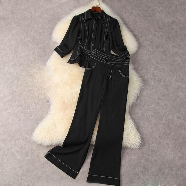 

women's two piece pants est 2021 summer fashion houndstooth lapel shirt waist draping flare set, White