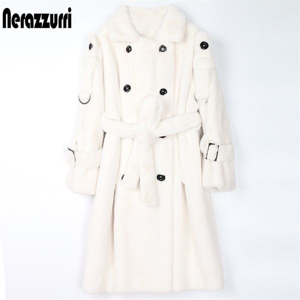 Nerazzurri Lungo Caldo Soffice Pelliccia Sintetica Trench Coat per Donna Doppio Petto Rosa Bianco Verde Inverno Moda Coreana Cintura 211220