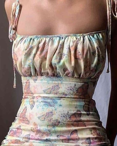 Mulheres verão elegante moda espaguete pulseira borboleta cópia vestido senhora oversize sexy quadrado pescoço mini vestido plus size vestido 210415