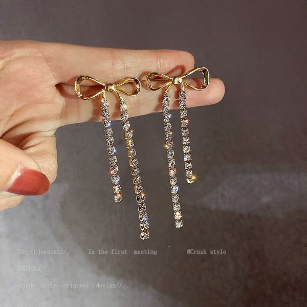 

925 silver needle simple fashion inlaid diamond bow tassel earrings net red temperament personality fashion earrings