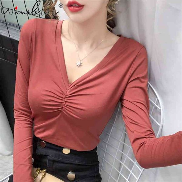 

plus size s-5xl multi colors solid women t-shirt v-neck ruched long sleeve cotton basic t shirts tee girls spring autumn t07902b 210421, White