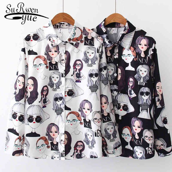 

loose blouses cute cartoon shirts women korean style vintage beauty print long sleeve blouse polo collar shirt 6712 50 210508, White