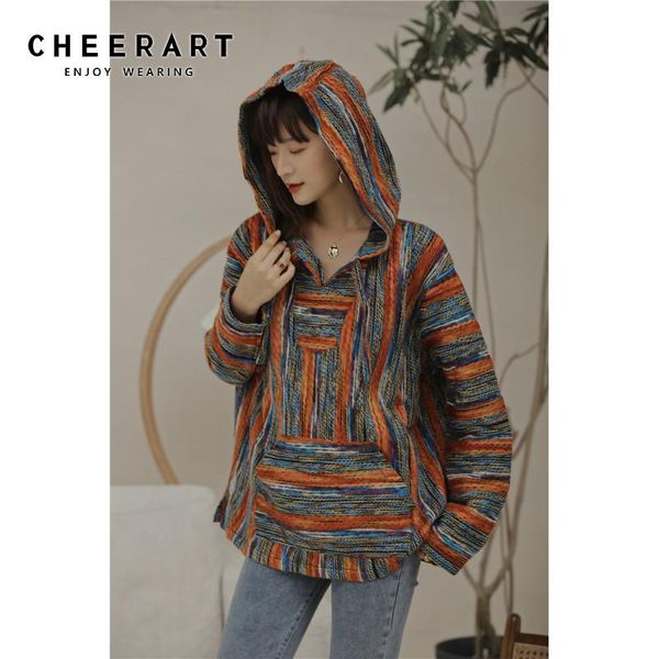 

women's hoodies & sweatshirts cheerart bohemian women hoodie wool sweatshirt winter clothes striped vintage knitted fashion 2021, Black