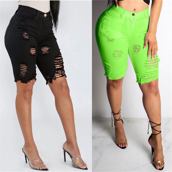 

women's skinny knee length casual solid color ripped hole designer fashion slim women jeans, Blue