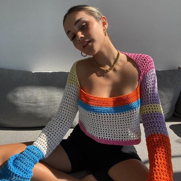 

women's t-shirt autumn y2k splicing print square collar t shirt women hollow out long sleeve vintage knitted fashion tee mujer tsh, White