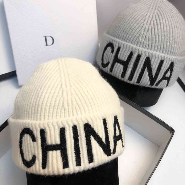 

fashion new towel embroidered letter knitted fashion chinese style men's women's wool hat soft and warm, Blue;gray