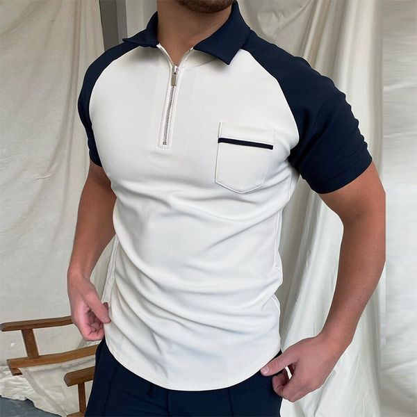 

fashion mens casual shirts turn-down collar zipper design summer short-sleeved street clothing, White;black