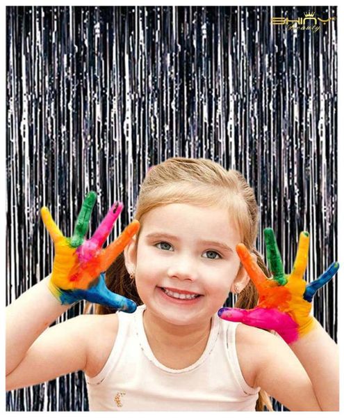 

party decoration foil fringe black-6ftx8ft metalic curtain tinsel po backdrop-m1018
