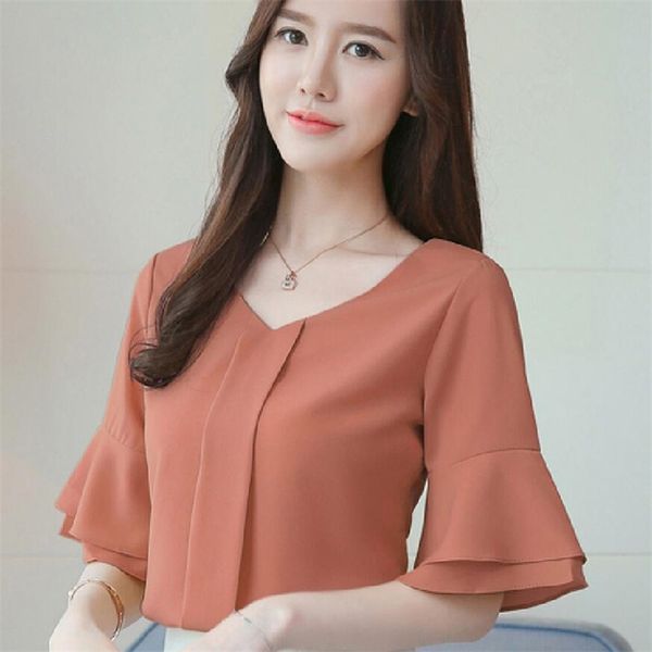 

womens and blouses summer flare sleeve chiffon blouse shirt women ladies work wear office blusa feminina shirts 210426, White