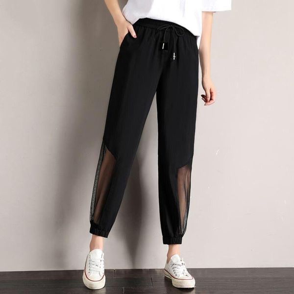 

running pants women's sports summer light plus size harem loose mesh korean slim beamed feet students leisure ankle-length sweatpants, Black;blue