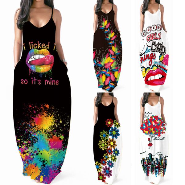 

women's digital print v-neck long dress with suspender, Black;gray