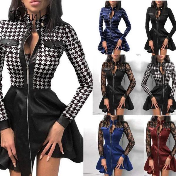 

stand collar print zipper long sleeves mini dress casual autumn winter fashion pocket pu leather dress elegant slim dresses, Black;gray