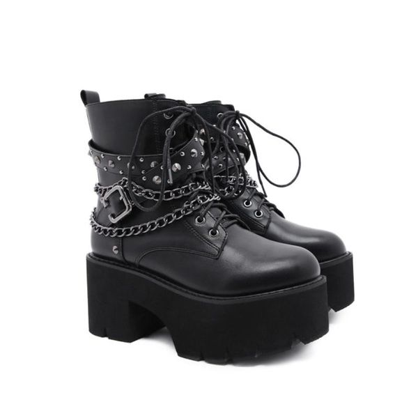 

boots high heeled women's shoes autumn and winter hip hop rivet chain thick short muffin, Black