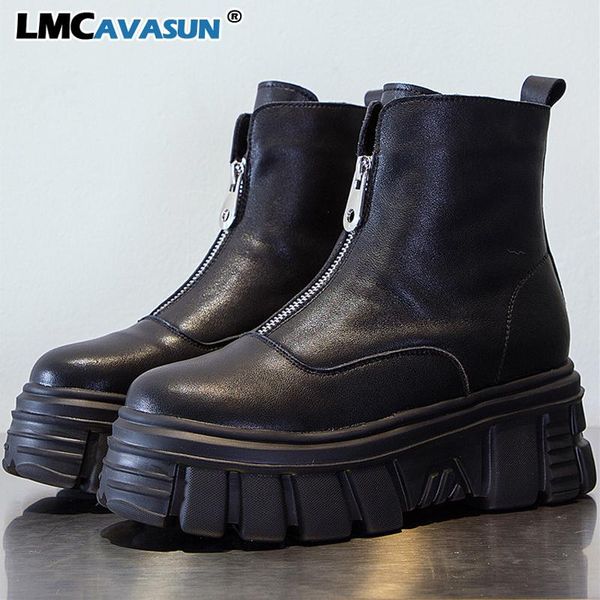 

boots lmcavasun genuine leather front zipper women' ankle 2021 fashion style women spring platform ladies chunky shoes, Black