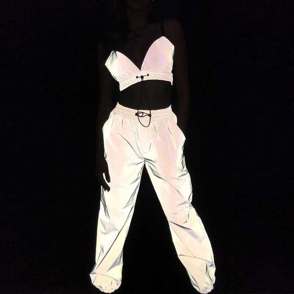 

women reflective silver tracksuit night version sleeveless fitness camisole crop + casual pants two piece set sportwear 210709, White