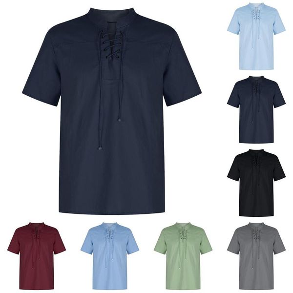 

men's casual shirts fashion 2021 solid color retro lace-up collar short-sleeved shirt summer men pour des hommes, White;black