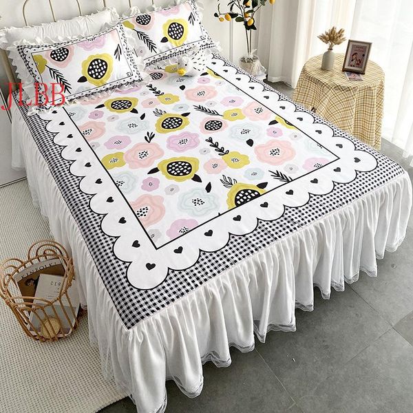 

bedding sets european style bed skirt set 3pcs/set viscose filament sheet pillowcase cool cover lace home ruffles summer flower mat