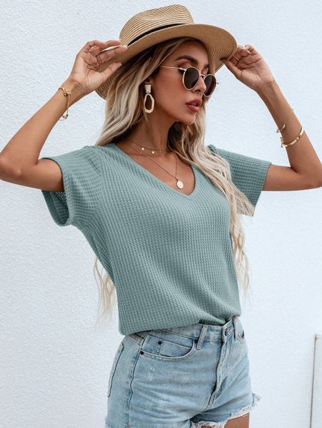 

waffle knit v neck solid tee e1be#, White