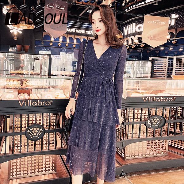 

casual dresses ladsoul 2021 autumn sparkling self-cultivation v lead cake dress long winter maxi women suit-dress vestido, Black;gray