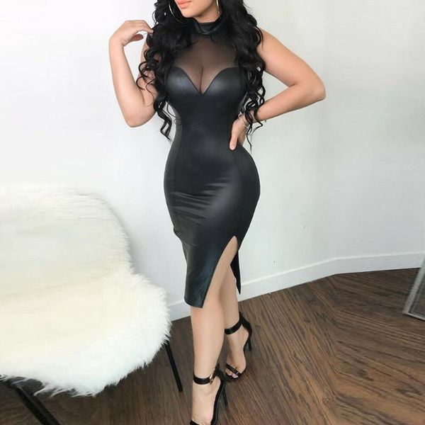 

casual dresses fashion leather dress 2021 women slim explosion cutout stitching sleeveless splits sheath club party vestidos, Black;gray