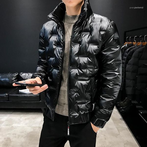 

men stand collar jacket leather punk coat parka padded outwear black silver warm mens coats n0431