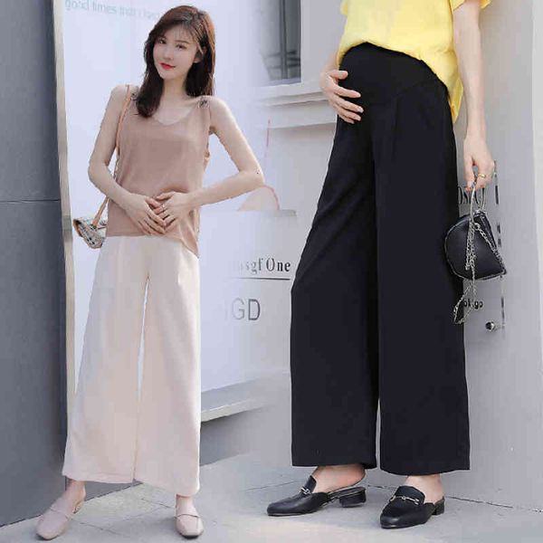 

maternity bottoms 6009# spring summer thin maternity wide leg loose straight elastic waist belly pants clothes for pregnant women pregnancy, White