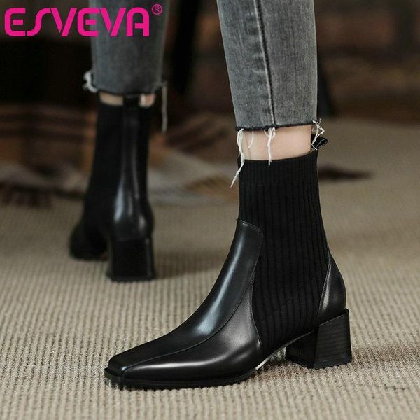

boots esveva 2021 slip on elegant classic square med heel pu+knitting ankle platform women shoes size 34-39, Black