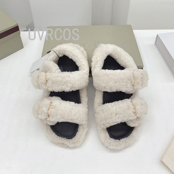 

sandals women's fur 2021 autumn winter outdoor shoes plush buckle thick bottom comfortable indoor wool flats fashion brand, Black