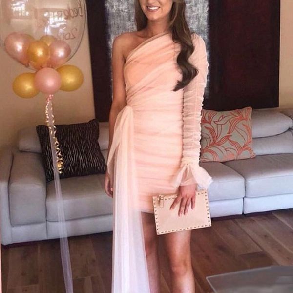 

casual dresses lady elegant celebrity wedding party outfits sweet mesh ruched slim mini wrap dress one shoulder birthday dresschic puff slee, Black;gray