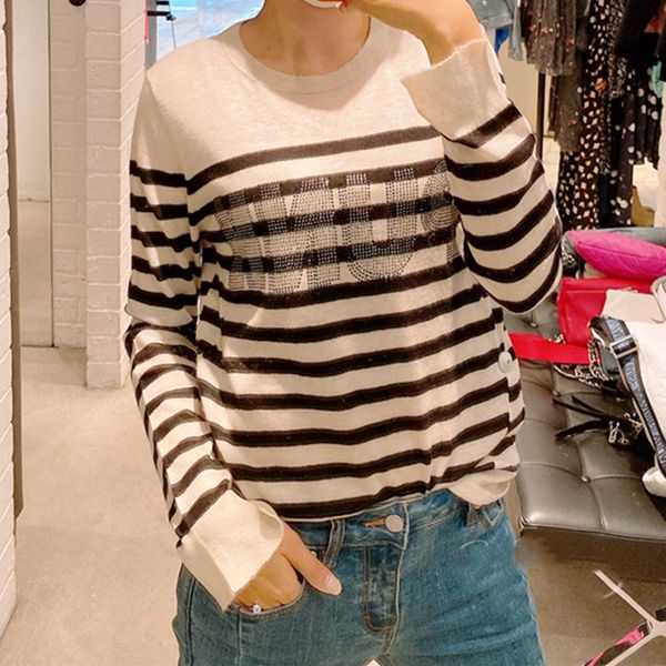 

women's sweaters thin knitted sweater loose striped drill letters o-neck lady pullover knitwear clothing 17xl, White;black