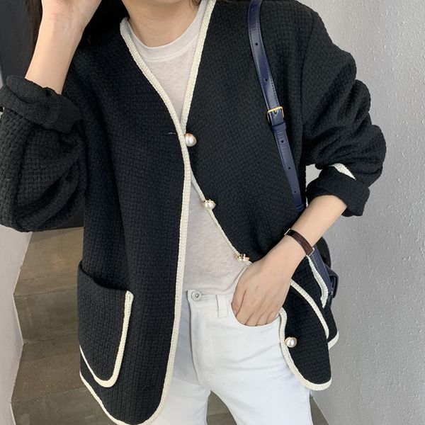 

jackets korean chic autumn vintage french pearl buttons loose tweed jacket coat women long sleeve casual woolen outwear mujer chaqueta 9408, Black;brown