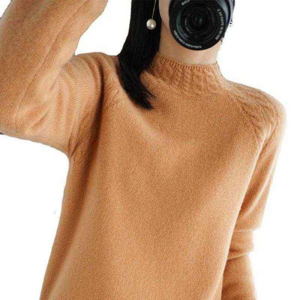 

2021 autumn winter pure wool sweater women's korean loose lazy bottomed solid color semi high neck thickened cashmere, White;black