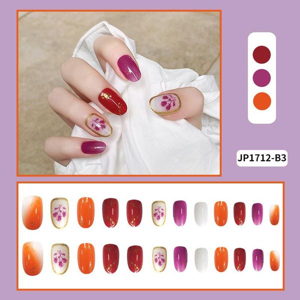 

false nails fake long round head purple tulip nail stickers finished 24 pcs with glue fa, Red;gold